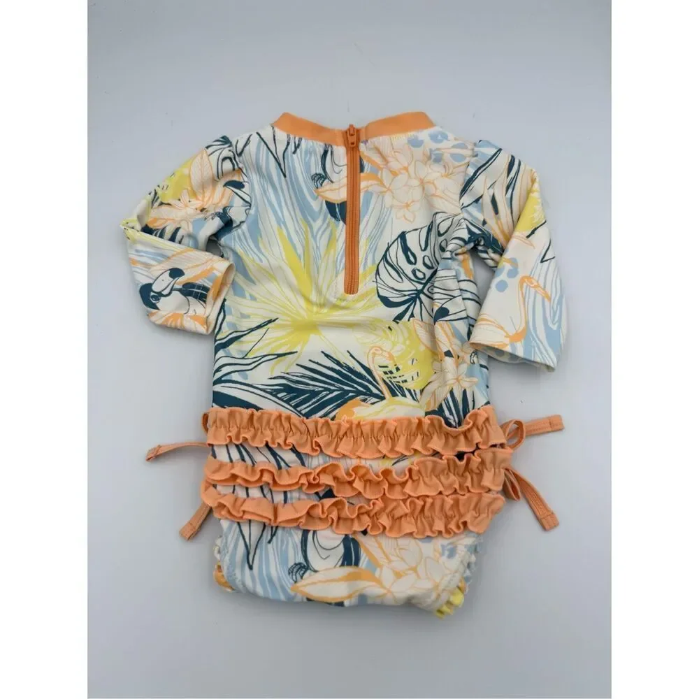 RuffleButts Toddler Tropical Floral Rash Guard One Piece Swimsuit Size 3-6Mo